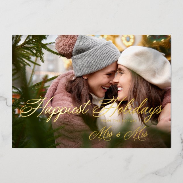 Golden Modern Mrs & Mr Happiest Holidays Christmas Foil Holiday Card (Front)