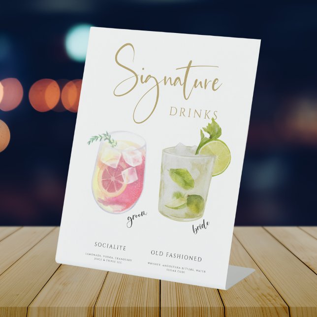 Golden Modern Wedding Signature Drinks Menu Pedestal Sign (Creator Uploaded)