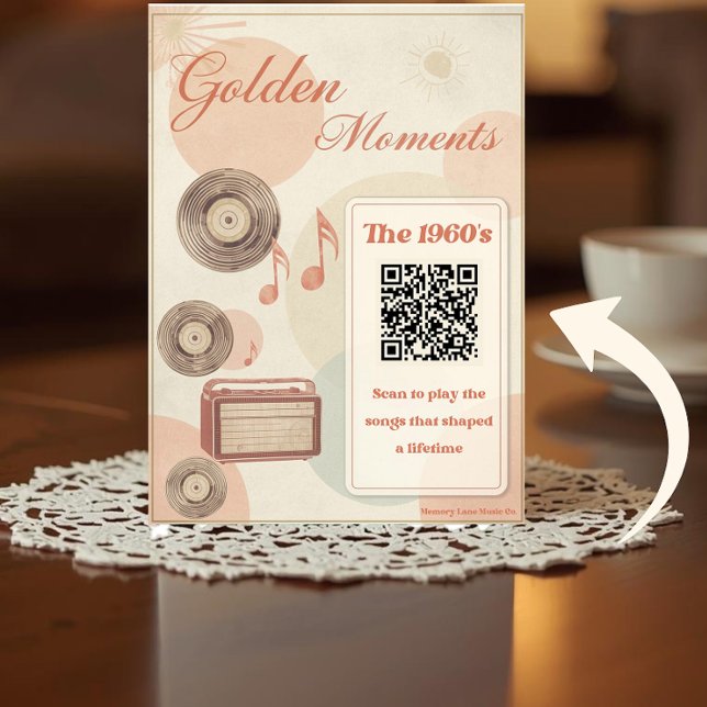 Golden Moments 1960s Music QR Code Card (Golden Moments 1960s folded card with a printed QR code on the front.)