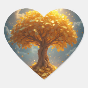golden money tree gold coins heart shaped sticker