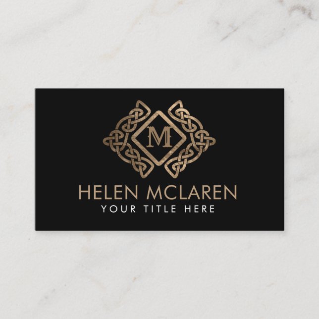 Golden Monogram Celtic Knot Ornament Business Card (Front)