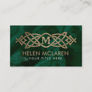 Golden Monogram Celtic Knot Ornament on malachite Business Card