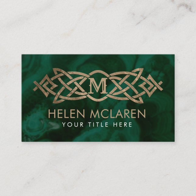 Golden Monogram Celtic Knot Ornament  on malachite Business Card (Front)