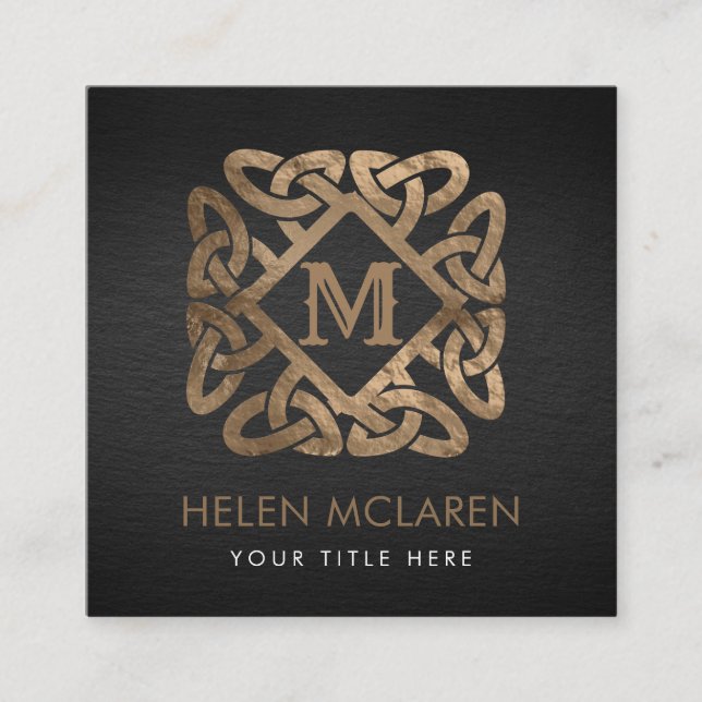 Golden Monogram Celtic Knot Ornament Square Business Card (Front)