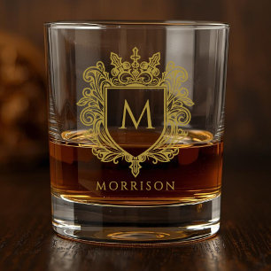 Golden Monogram Crest Printed Whiskey Glass