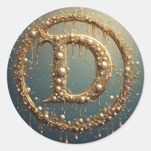 Golden Monogram Initial Letter D Classic Round Sticker
