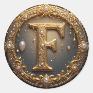 Golden Monogram Initial Letter F Classic Round Sticker