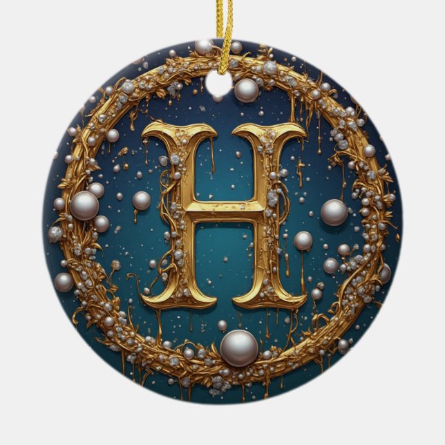 Golden Monogram Initial Letter H Ceramic Tree Decoration (Front)