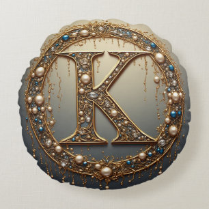Golden Monogram Initial Letter K Round Cushion