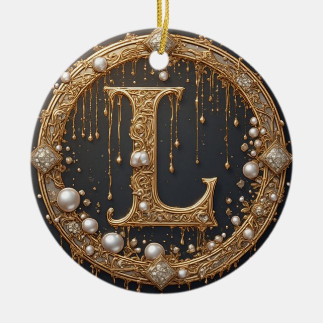 Golden Monogram Initial Letter L Ceramic Tree Decoration (Front)