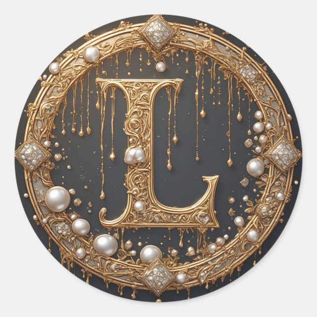 Golden Monogram Initial Letter L Classic Round Sticker (Front)
