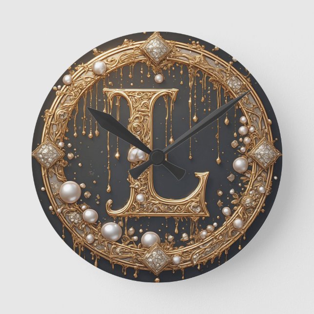 Golden Monogram Initial Letter L Round Clock (Front)