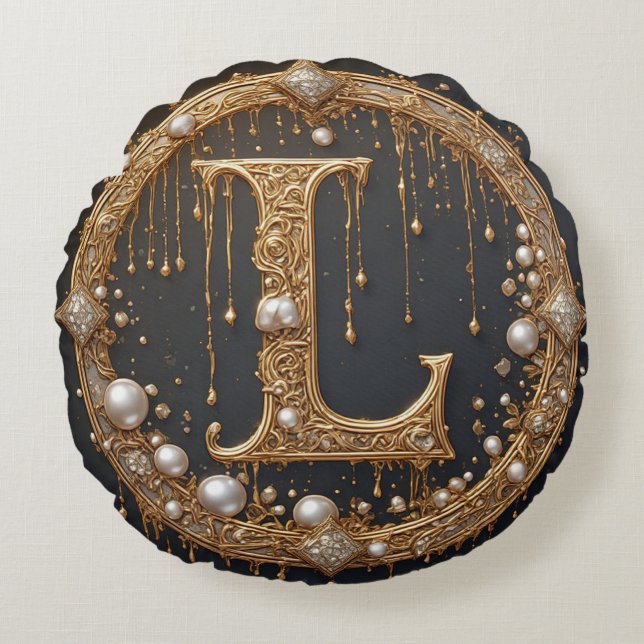 Golden Monogram Initial Letter L Round Cushion (Front)