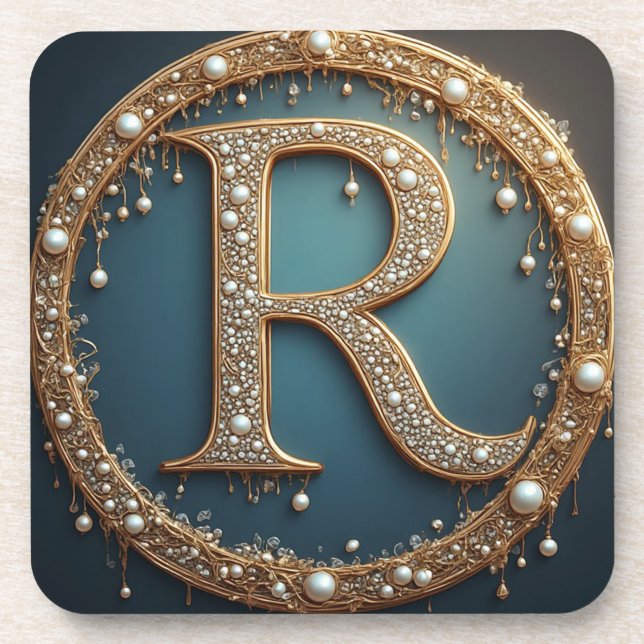 Golden Monogram Initial Letter R Coaster (Front)