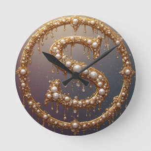 Golden Monogram Initial Letter S Round Clock