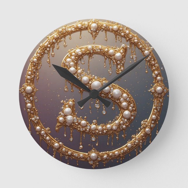 Golden Monogram Initial Letter S Round Clock (Front)