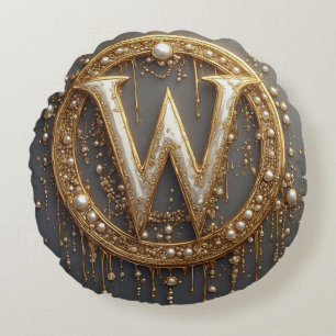 Golden Monogram Initial Letter W Round Cushion