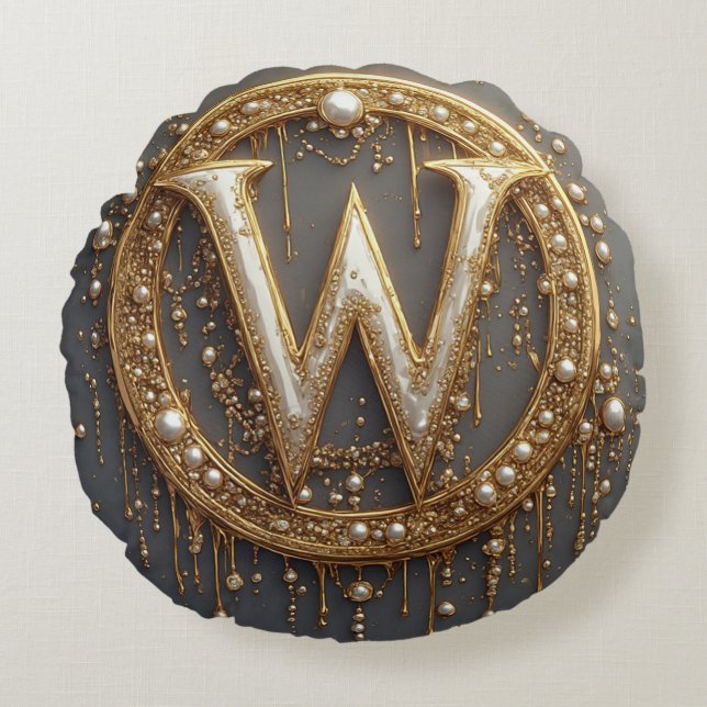 Golden Monogram Initial Letter W Round Cushion (Front)