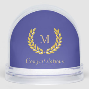 Golden Monogram & Laurel Wreath on Deep Blue Snowglobe