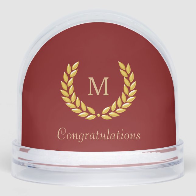 Golden Monogram & Laurel Wreath on Deep Red Snowglobe (Front)