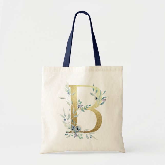 Golden Monogram Letter B Blue Watercolor Flowers Tote Bag (Front)