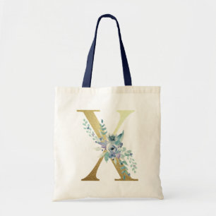 Golden Monogram Letter Blue Watercolor Flowers Tote Bag