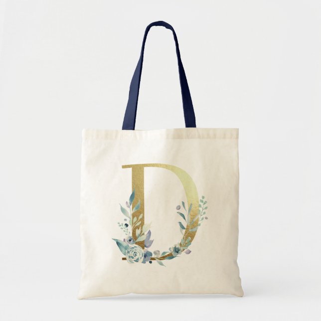 Golden Monogram Letter D Blue Watercolor Flowers Tote Bag (Front)