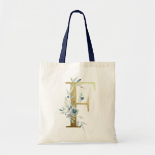 Golden Monogram Letter F Blue Watercolor Flowers Tote Bag
