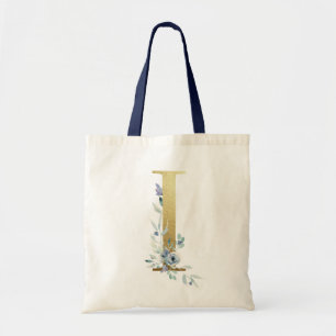 Golden Monogram Letter i Blue Watercolor Flowers Tote Bag