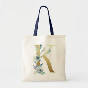Golden Monogram Letter KBlue Watercolor Flowers Tote Bag