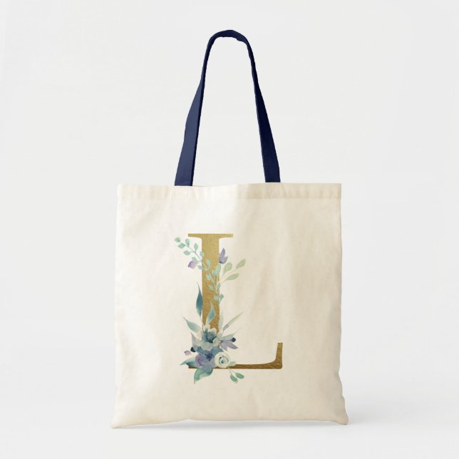 Golden Monogram Letter L Blue Watercolor Flowers Tote Bag (Front)