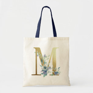 Golden Monogram Letter M Blue Watercolor Flowers Tote Bag