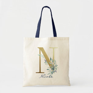 Golden Monogram Letter N Blue Name Floral Decor Tote Bag