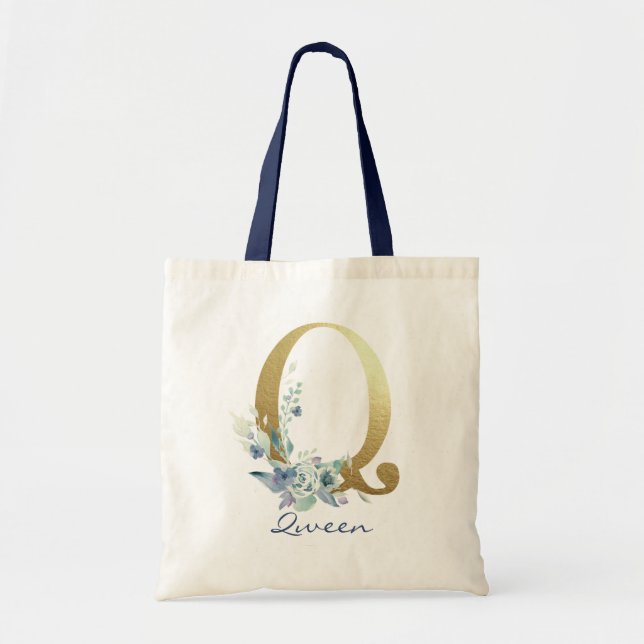 Golden Monogram Letter Q Blue Name Floral Decor Tote Bag (Front)