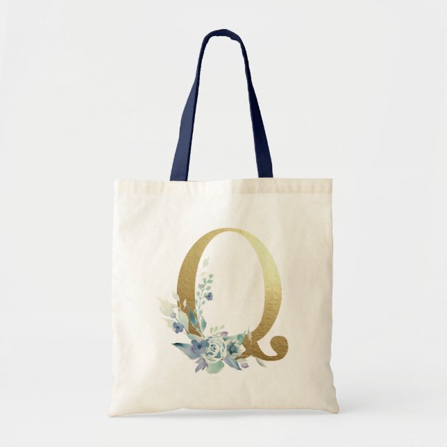 Golden Monogram Letter Q Blue Watercolor Flowers Tote Bag (Front)