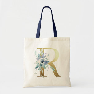 Golden Monogram Letter R Blue Watercolor Flowers Tote Bag