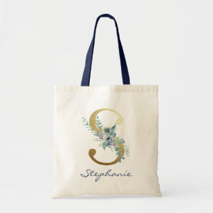 Golden Monogram Letter S Blue Name Floral Decor Tote Bag