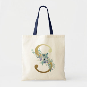 Golden Monogram Letter S Blue Watercolor Flowers Tote Bag