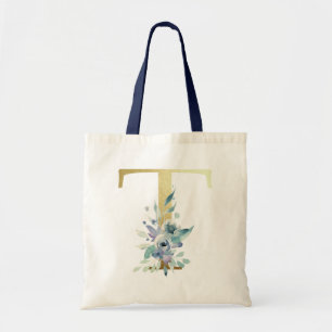 Golden Monogram Letter T Blue Watercolor Flowers Tote Bag