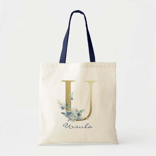 Golden Monogram Letter U Blue Name Floral Decor Tote Bag (Front)