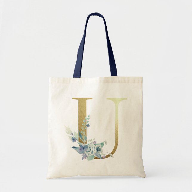Golden Monogram Letter U Blue Watercolor Flowers Tote Bag (Front)