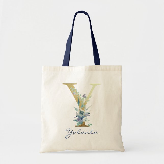 Golden Monogram Letter Y Blue Name Floral Decor Tote Bag (Front)