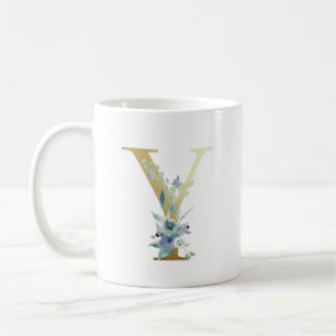 Golden Monogram Letter  Y Blue Watercolor Flowers Coffee Mug