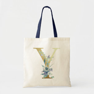 Golden Monogram Letter Y Blue Watercolor Flowers Tote Bag