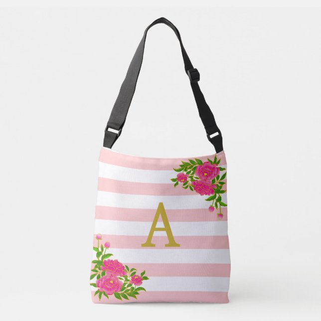 Golden Monogram on Pink & White Striped Crossbody Bag (Front)