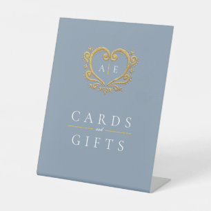 Golden monogram wedding cards and gifts dusty blue pedestal sign