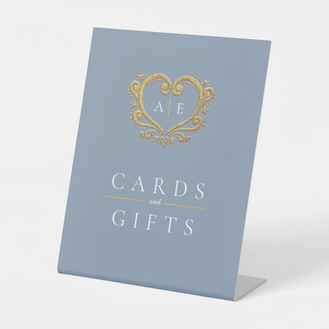 Golden monogram wedding cards and gifts dusty blue pedestal sign (Front)