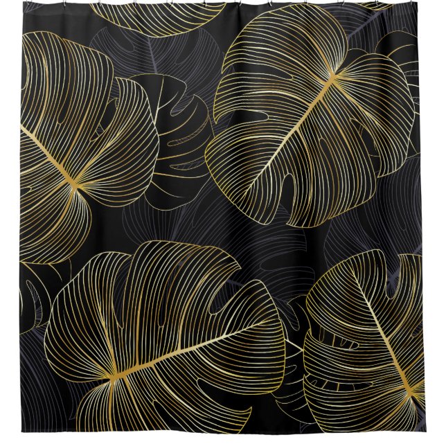 Golden monstera leaves, romantic seamless floral. shower curtain (Front)