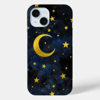 Golden Moon and Stars on Dark Blue Marble