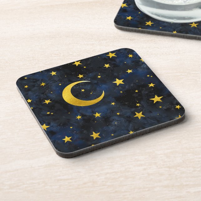 Golden Moon and Stars on Dark Blue Marble Coaster (Left Side)